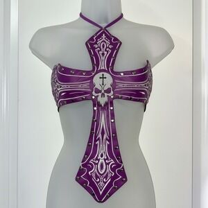 Large Purple Cross Skull Backless Halter Top Studded Leather Rave EDM Vegan